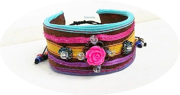 bratara piele , multicolor , cu trandafir