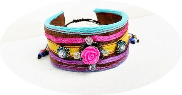 bratara piele , multicolor , cu trandafir