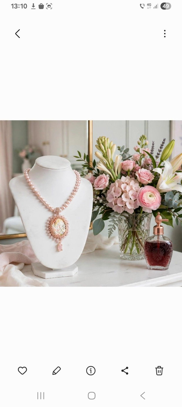 Colier perle rose blush,camee portelan rece