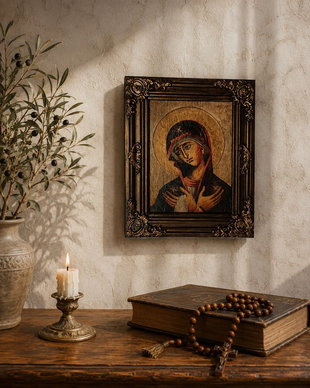 Icoană handmade  Maica Domnului în rugăciune, cu ramă sculptată