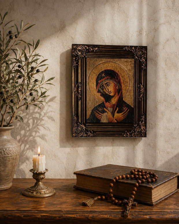 Icoană handmade Maica Domnului în rugăciune, cu ramă sculptată