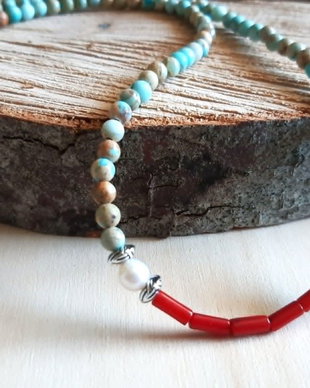 Colier Bohemian din Regalit imperial, Coral tubular și Perle de cultură
