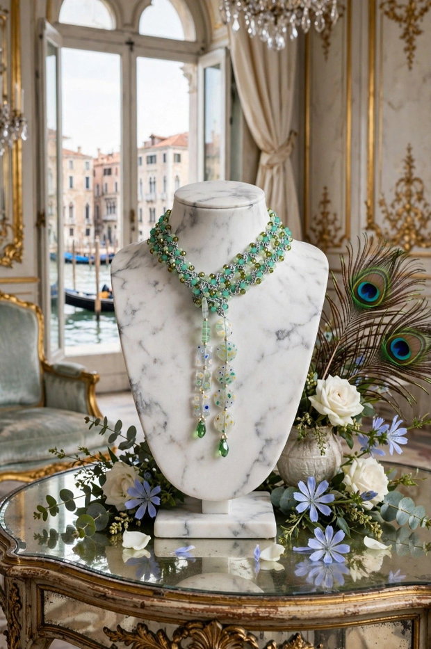 Colier crosetat cristale,margele murano millefiori