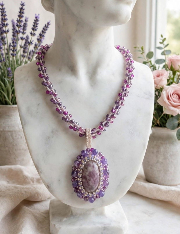 Colier spirala,lepidolit ,briolete cristal,ametist,granat