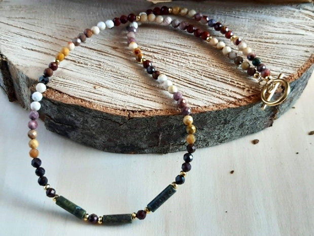 Colier CHOKER din mookait fațetat, jasp sânge de dragon tubular și hematit auriu