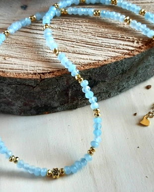 Colier CHOKER din jad Malaysia bleu fațetat, trandafir și oțel inoxidabil auriu