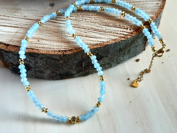 Colier CHOKER din jad Malaysia bleu fațetat, trandafir și oțel inoxidabil auriu