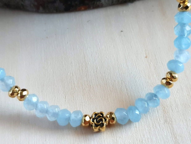 Colier CHOKER din jad Malaysia bleu fațetat, trandafir și oțel inoxidabil auriu
