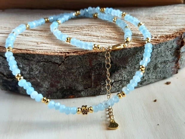 Colier CHOKER din jad Malaysia bleu fațetat, trandafir și oțel inoxidabil auriu