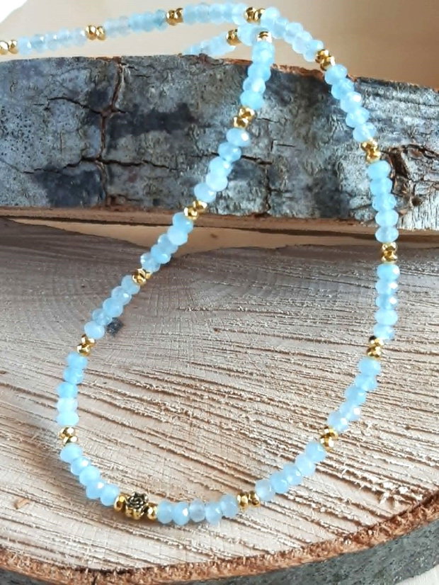 Colier CHOKER din jad Malaysia bleu fațetat, trandafir și oțel inoxidabil auriu