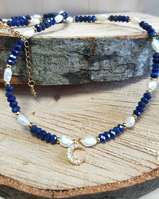 Colier din Lapis Lazuli, Perle de cultură și Pandantiv lună cu Zirconiu