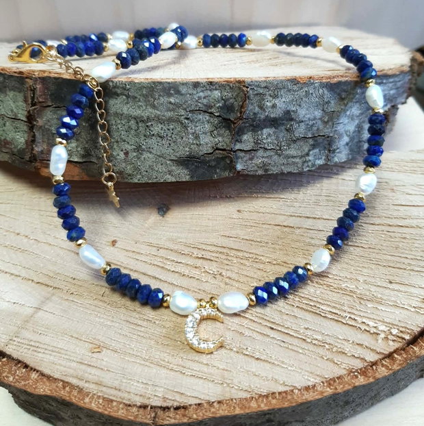 Colier din Lapis Lazuli, Perle de cultură și Pandantiv lună cu Zirconiu