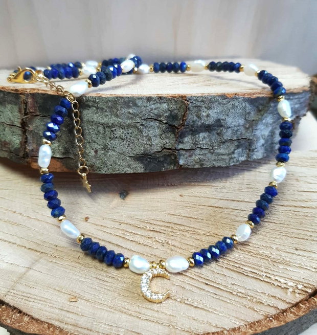 Colier din Lapis Lazuli, Perle de cultură și Pandantiv lună cu Zirconiu