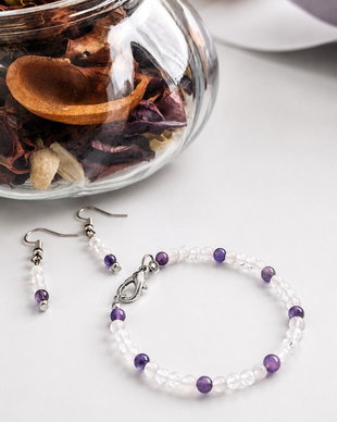 Set Cercei & Brățară Handmade Ametist, Cuarț roz, Cuarț transparent