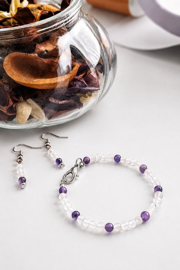 Set Cercei & Brățară Handmade Ametist, Cuarț roz, Cuarț transparent