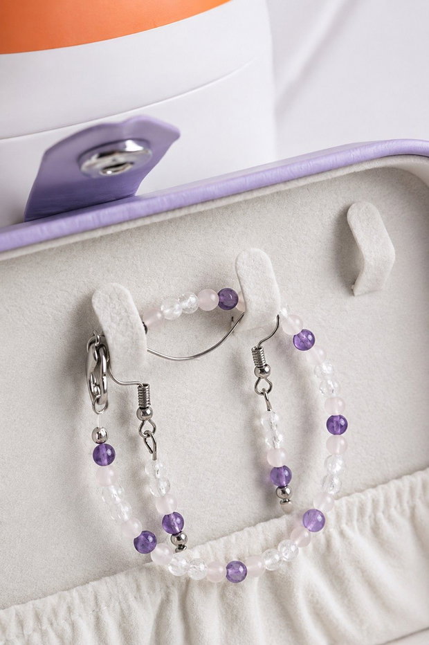 Set Cercei & Brățară Handmade Ametist, Cuarț roz, Cuarț transparent