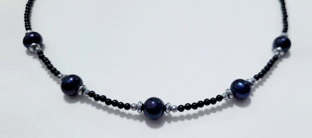 Colier argint 925 cu turmalina neagra, perle de cultura si hematit