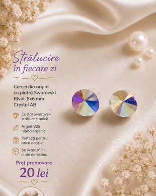 Cercei argint cu piatra Swarovski Rivoli Oval 8x6mm Crystal AB
