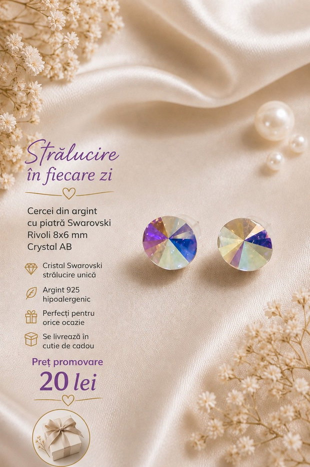 Cercei argint cu piatra Swarovski Rivoli Oval 8x6mm Crystal AB