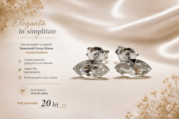 Cercei argint cu piatra Swarovski Fancy Stone Crystal 8x4mm