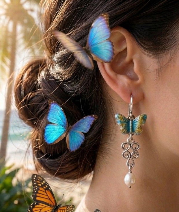 Cercei unicat, atarnatori, din argint pur, cu fluturi colorati cu rasina, accesorii filigranate si perle de apa dulce