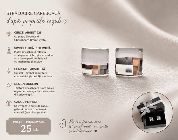 Cercei argint cu piatra Swarovski Chessboard 8mm Crystal