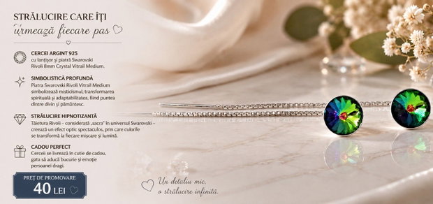 Cercei argint cu lantisor si piatra Swarovski Rivoli 8mm