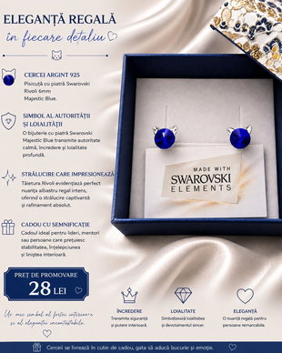 Cercei argint 925 Pisicuta cu piatra Swarovski Rivoli 6mm Majestic Blue