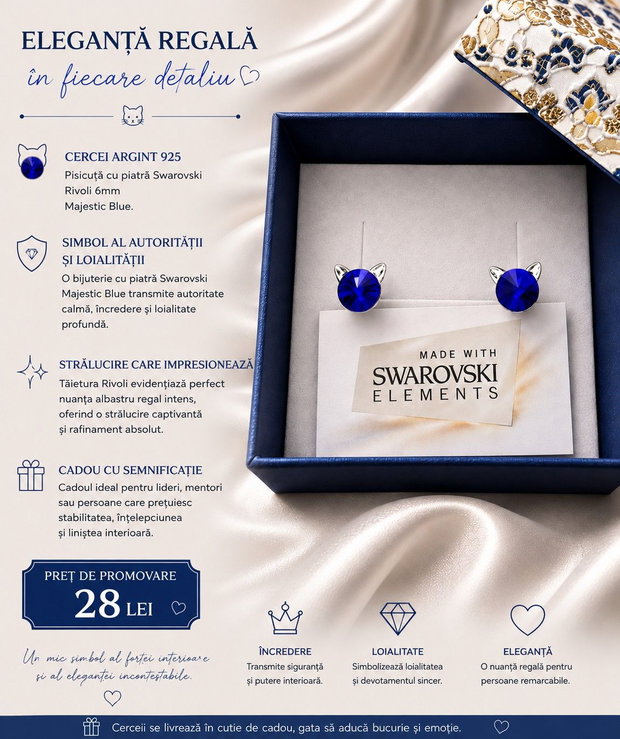 Cercei argint 925 Pisicuta cu piatra Swarovski Rivoli 6mm Majestic Blue