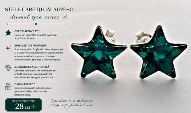 Cercei argint cu piatra Swarovski Stea 10mm Emerald