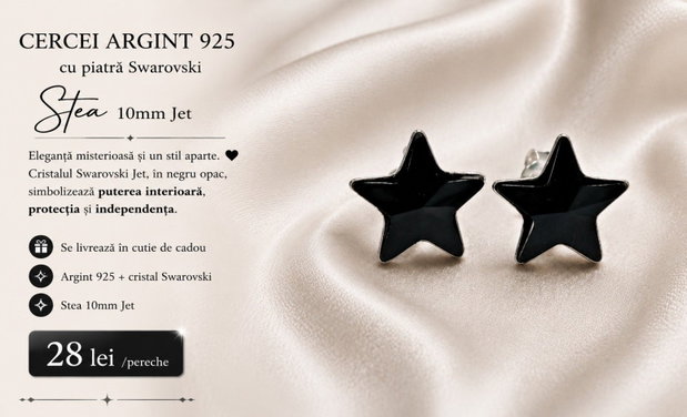 Cercei argint cu piatra Swarovski Stea 10mm Jet