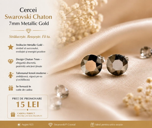 Cercei argint cu piatra Swarovski Chaton 7mm Metallic Gold