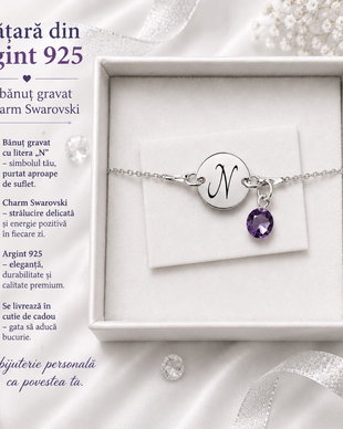 Bratara argint 925 cu banut argint 925 gravat si charm Swarovski