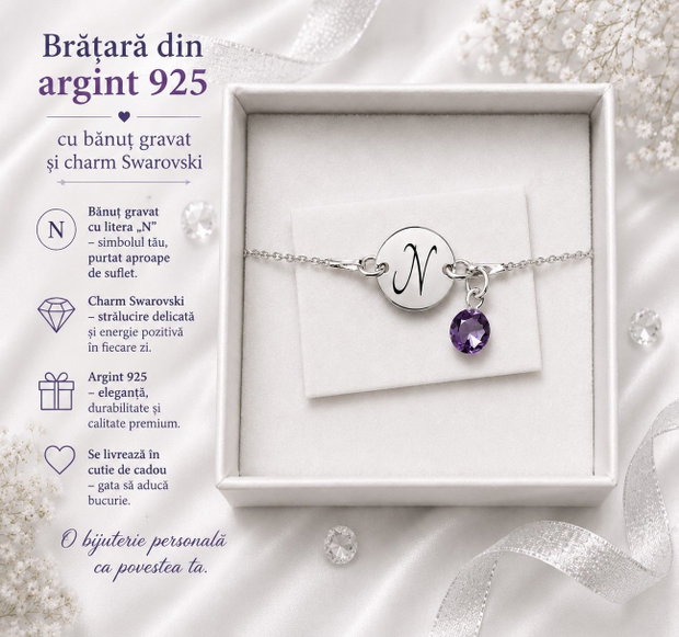Bratara argint 925 cu banut argint 925 gravat si charm Swarovski