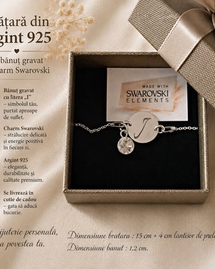 Bratara argint 925 cu banut argint 925 gravat si charm Swarovski