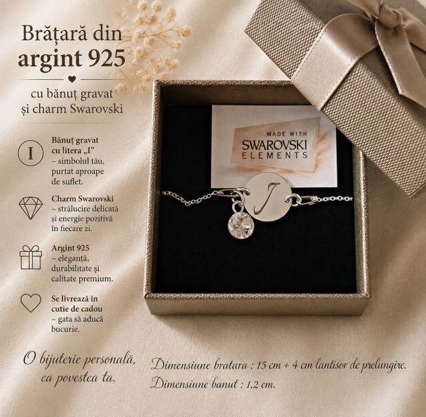 Bratara argint 925 cu banut argint 925 gravat si charm Swarovski