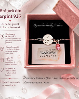 Bratara argint 925 cu banut argint 925 gravat si charm Swarovski