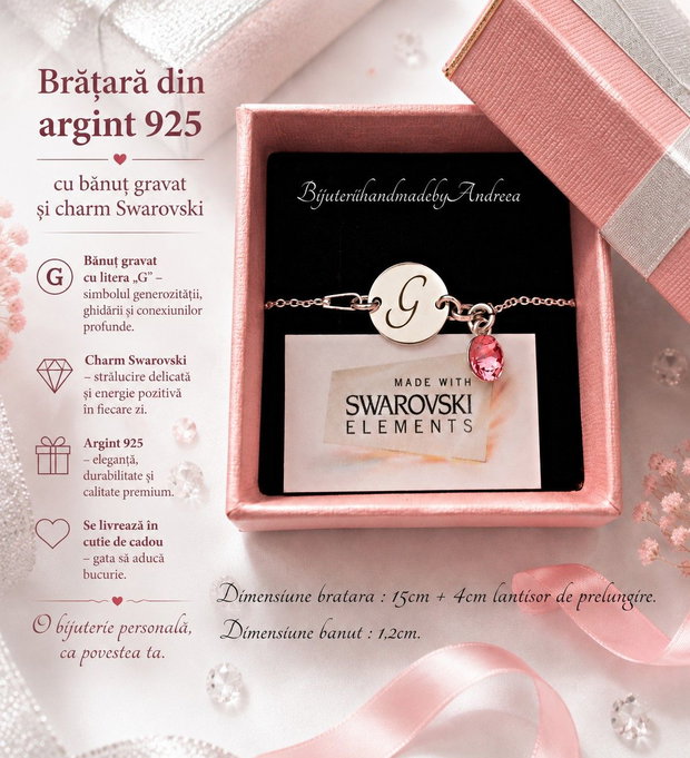 Bratara argint 925 cu banut argint 925 gravat si charm Swarovski