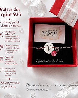 Bratara argint 925 cu banut argint 925 gravat si charm Swarovski