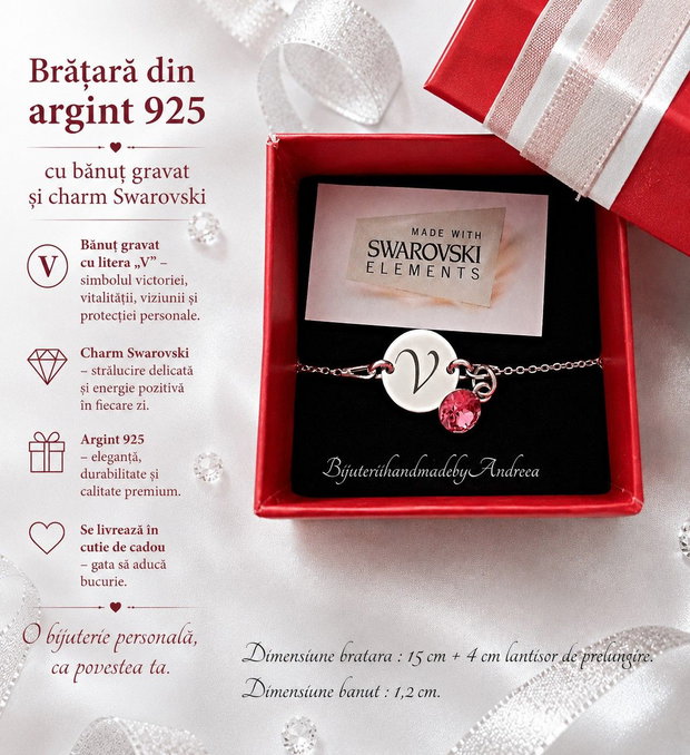Bratara argint 925 cu banut argint 925 gravat si charm Swarovski