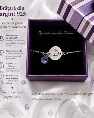 Bratara argint 925 cu banut argint 925 gravat si charm Swarovski