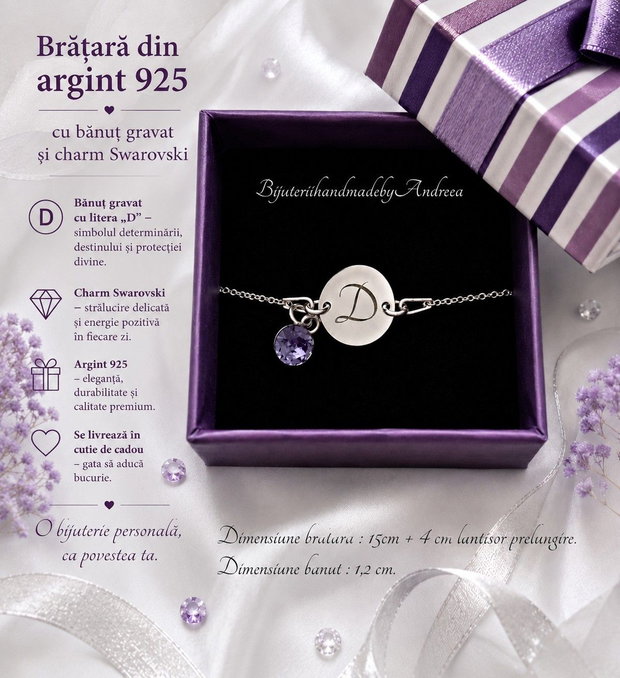 Bratara argint 925 cu banut argint 925 gravat si charm Swarovski