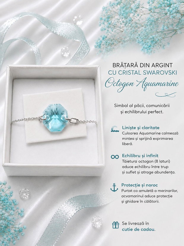 Bratara argint cu piatra Swarovski Octogon 14mm Aquamarine