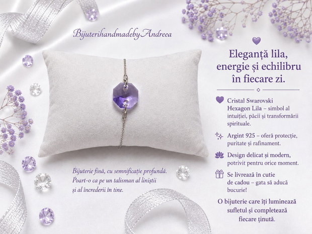 Bratara argint cu piatra Swarovski hexagon lila
