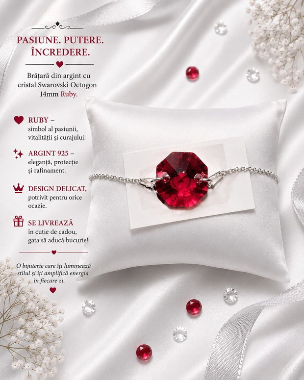 Bratara argint cu piatra Swarovski Octogon 14mm Ruby