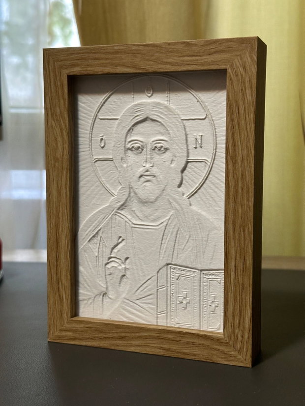 Icoană luminoasă 3D Iisus Hristos Pantocrator  litofanie, ramă din lemn, LED