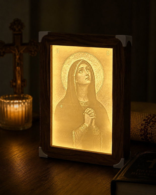 Lampă religioasă cu Maica Domnului ramă din lemn, lumină reglabilă