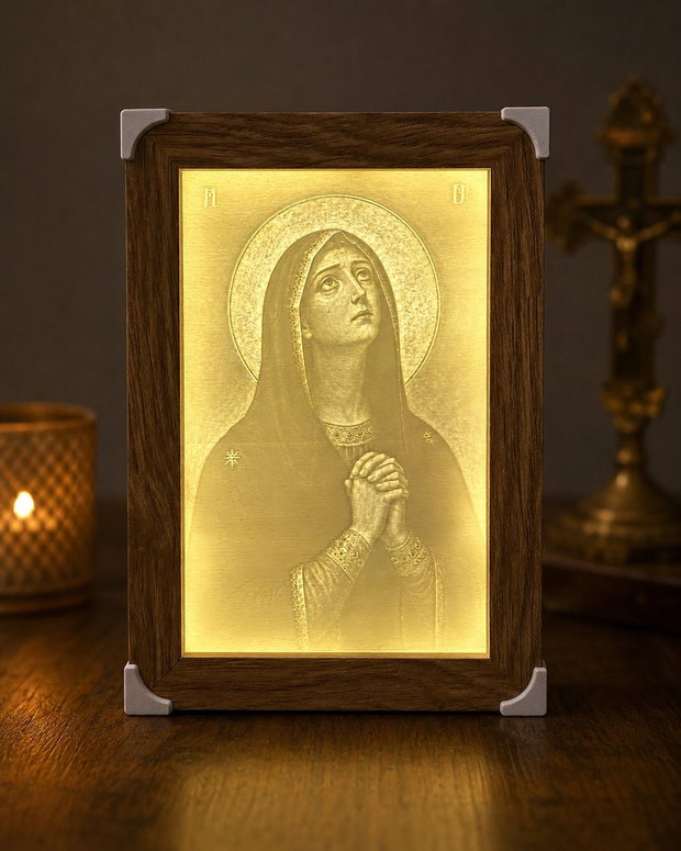 Lampă religioasă cu Maica Domnului ramă din lemn, lumină reglabilă