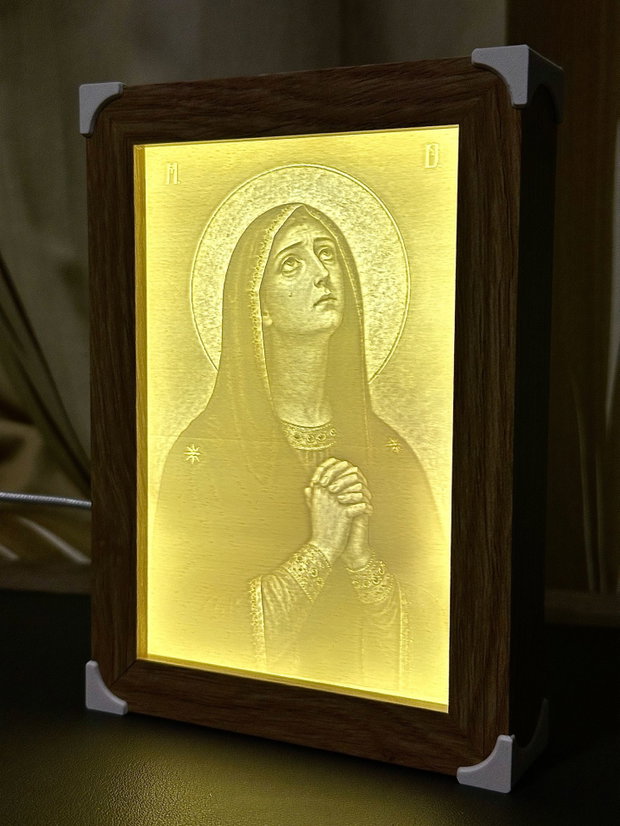 Lampă religioasă cu Maica Domnului ramă din lemn, lumină reglabilă