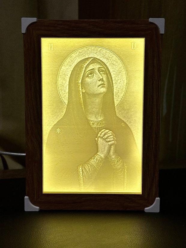 Lampă religioasă cu Maica Domnului ramă din lemn, lumină reglabilă